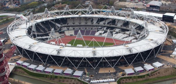 Aerial view of the Olympic Park showing the Olympic Stadium  with the Orbit to the left. Picture taken on 16 April 2012.