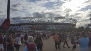 West Ham fan's outside the London Stadium enjoying pre-match entertainment 