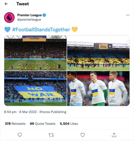 A tweet from the Premier League's Twitter account in support of Ukraine