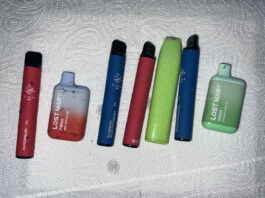 A selection of 7 littered disposable vapes found on a one hour walk around Leytonstone, East London.
